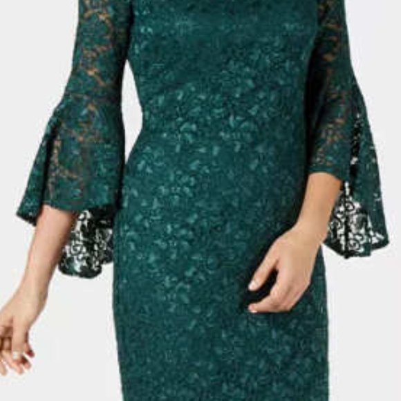Jessica Howard Bell-Sleeve Glitter Lace Dress Size 16 Green - Picture 12 of 14